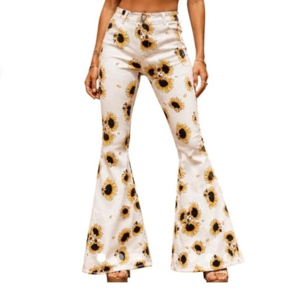 Free People Just Float On Sunflower Flare Jeans White Yellow Floral W29 OB855125
